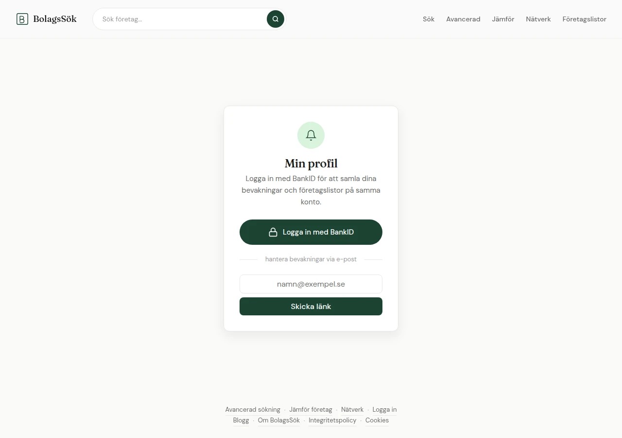 Inloggningssidan till Min profil med BankID-knapp.